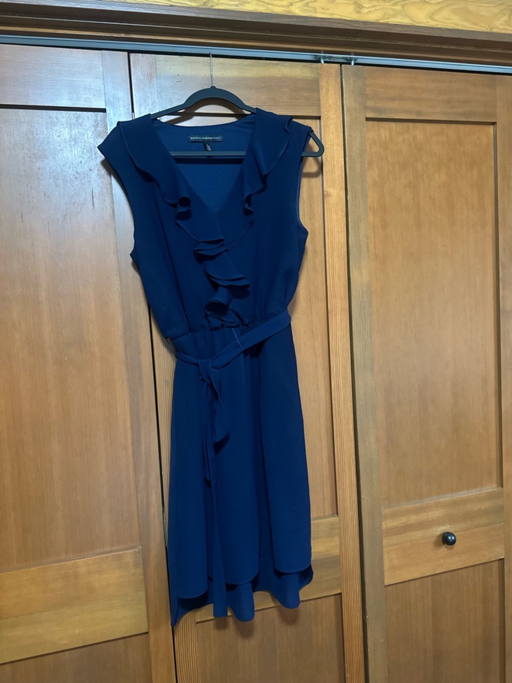 White House Black Market Navy Ruffle V-Neck Midi Dress with Waist Tie